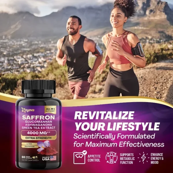 Saffron Supplement 1000 mg, Glucomannan, Ashwagandha, Green Tea Extract, Mood Stabilizer, Vision Support, 60 Capsules - Image 3