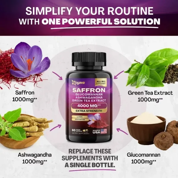 Saffron Supplement 1000 mg, Glucomannan, Ashwagandha, Green Tea Extract, Mood Stabilizer, Vision Support, 60 Capsules - Image 2