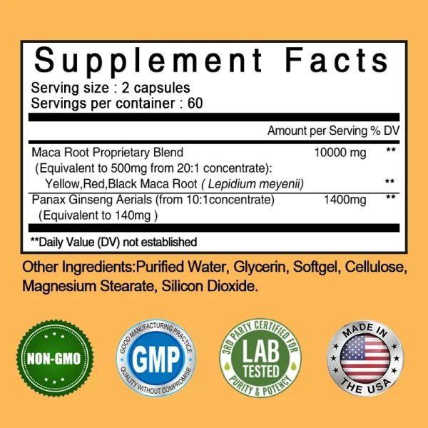 Maca Root Ginseng Supplement - Supports Energy, Muscle Growth, Endurance, Focus & Anti-Fatigue, 120 Veggie Capsules - Image 6
