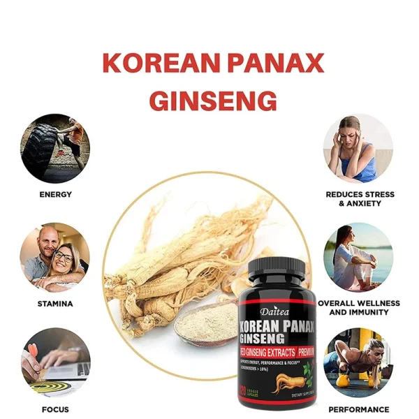 Korean Red Ginseng Vegetarian Capsules - Balances Energy Levels, Reduces Stress, Helps Maintain Memory, Focus and Fights Fatigue - Image 3