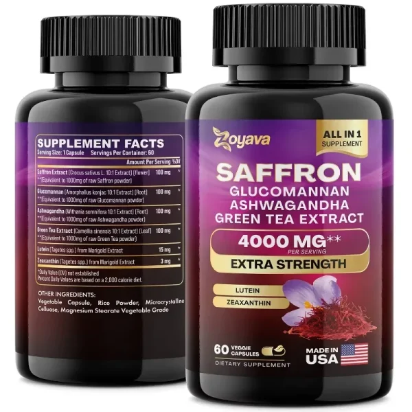 Saffron Supplement 1000 mg, Glucomannan, Ashwagandha, Green Tea Extract, Mood Stabilizer, Vision Support, 60 Capsules - Image 5