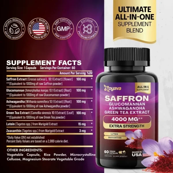 Saffron Supplement 1000 mg, Glucomannan, Ashwagandha, Green Tea Extract, Mood Stabilizer, Vision Support, 60 Capsules - Image 6