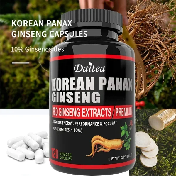 Korean Red Ginseng Vegetarian Capsules - Balances Energy Levels, Reduces Stress, Helps Maintain Memory, Focus and Fights Fatigue - Image 2