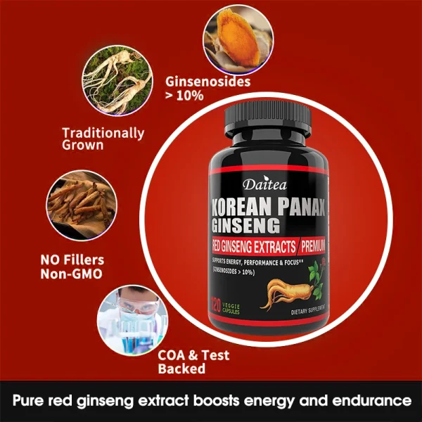 Korean Red Ginseng Vegetarian Capsules - Balances Energy Levels, Reduces Stress, Helps Maintain Memory, Focus and Fights Fatigue - Image 5