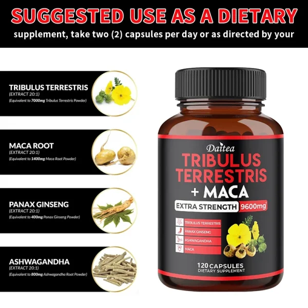 Daitea Tribulus + Maca Extract Capsules - Extra Strength 9600 Mg - Energy, Mood, Stamina and Immunity, Non-GMO - Image 3