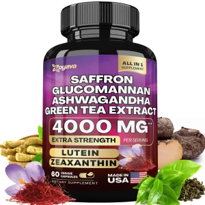 Saffron Supplement 1000 mg, Glucomannan, Ashwagandha, Green Tea Extract, Mood Stabilizer, Vision Support, 60 Capsules
