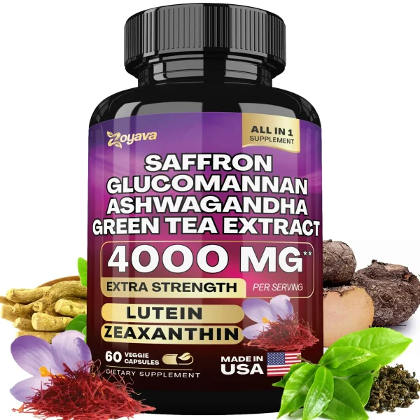 Saffron Supplement 1000 mg, Glucomannan, Ashwagandha, Green Tea Extract, Mood Stabilizer, Vision Support, 60 Capsules